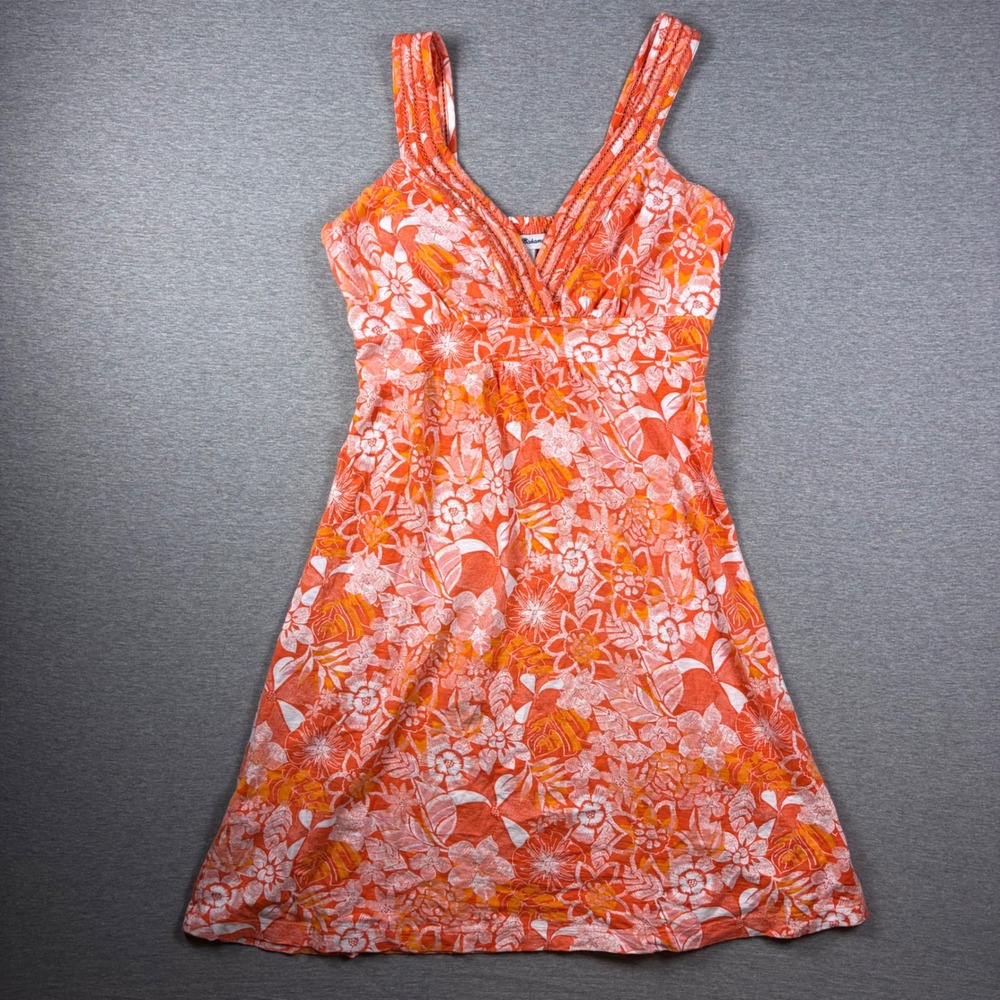 Tommy Bahama Dress Womens L Orange Floral Smocked Back V-Neck Cotton Modal Sun